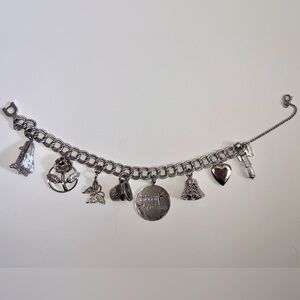 Vintage Monet Silver Charm Bracelet Mechanical Piano + Sterling Silver Charms